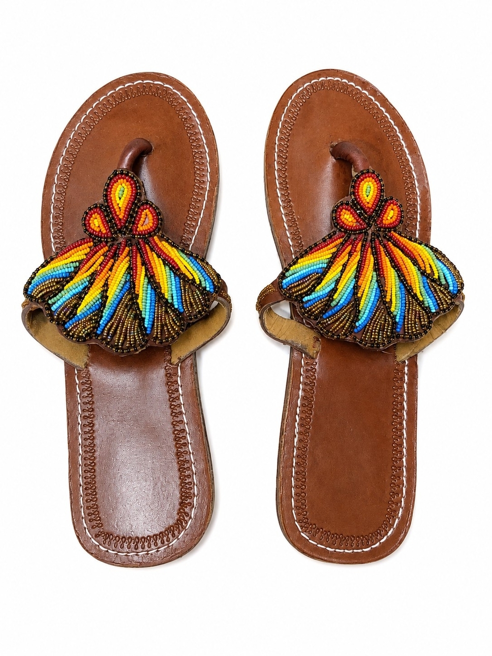 Beaded Brown Leather Women’s Thong Sandals with Multicolor Embellishment Usa 9